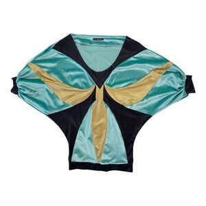 DELPHINE MURAT VINTAGE - TEAL /BLACK/GOLD METAL KABUKI TOP - STRETCH VELVET - XS